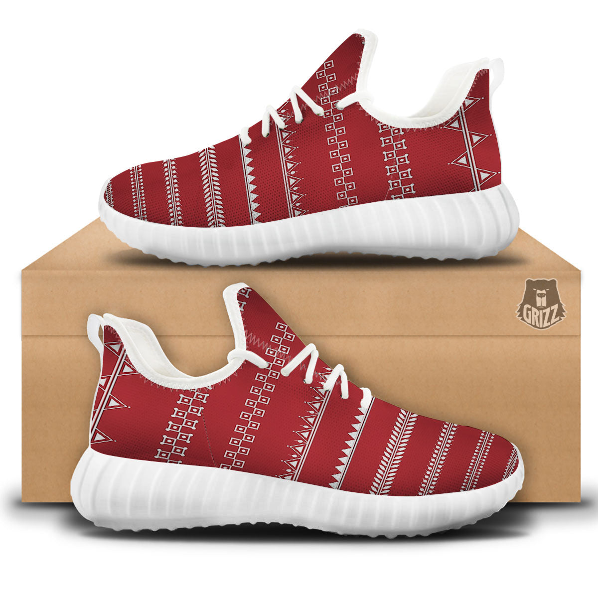 Warli Tribal White And Red Print White Walking Shoes-grizzshop
