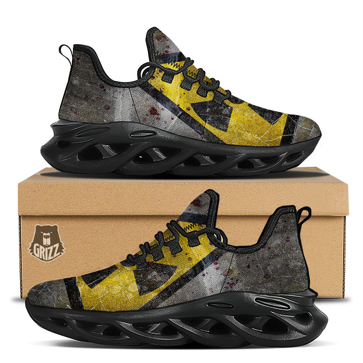 Warning Nuclear Symbol Print Black Running Shoes-grizzshop
