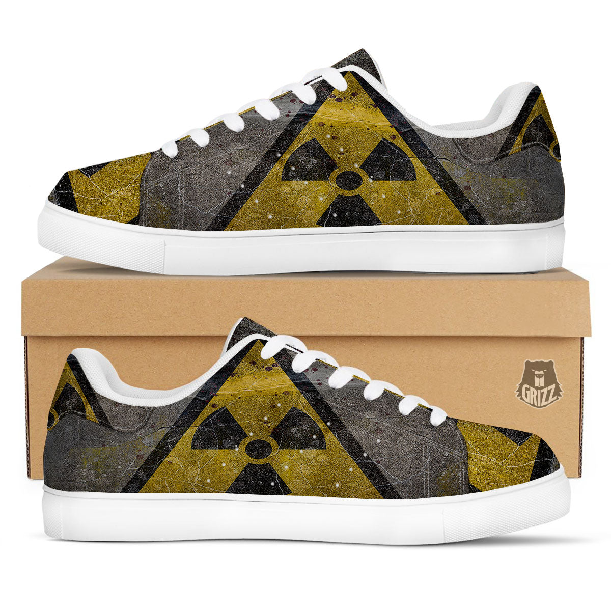Warning Nuclear Symbol Print White Low Top Sneakers-grizzshop