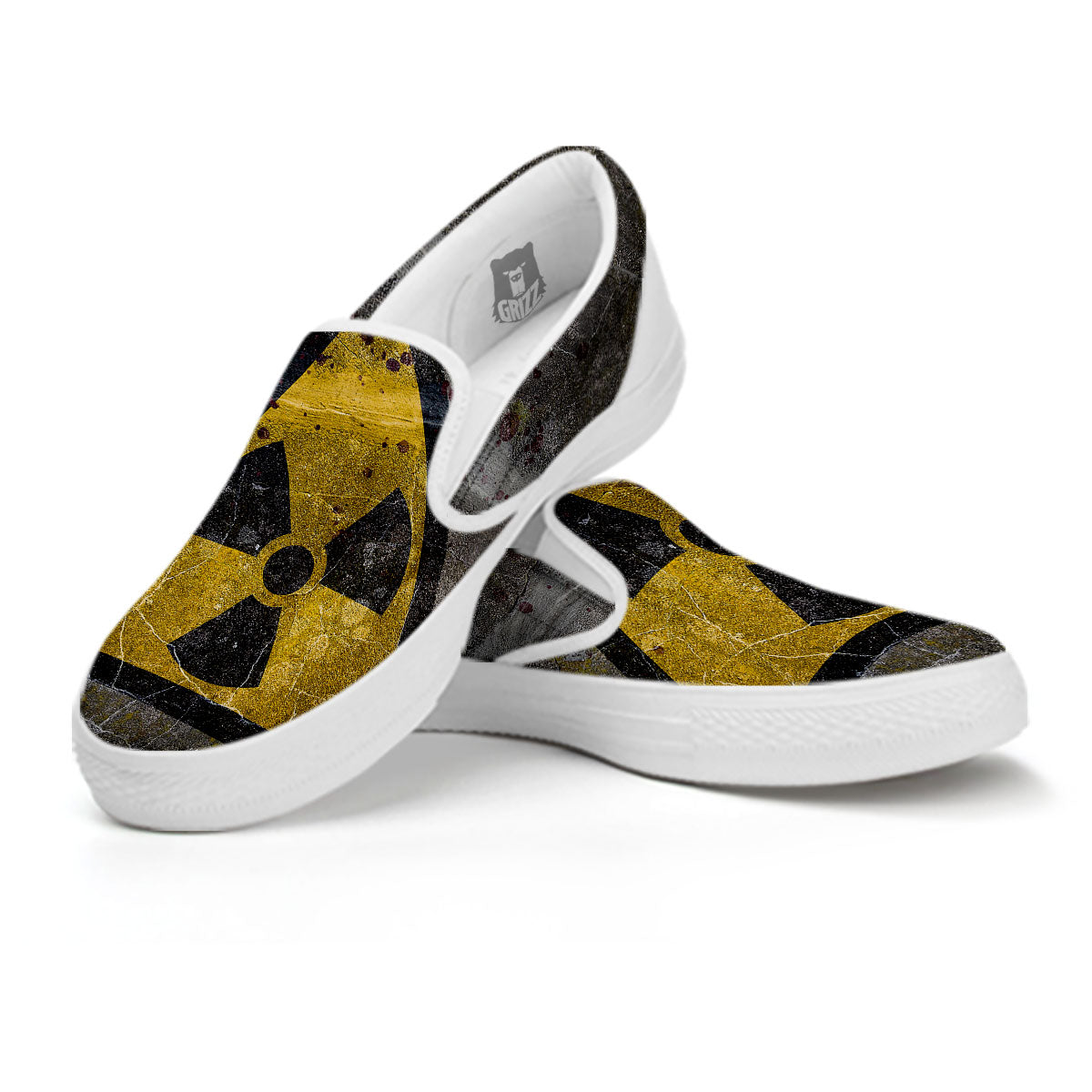 Warning Nuclear Symbol Print White Slip On Shoes-grizzshop