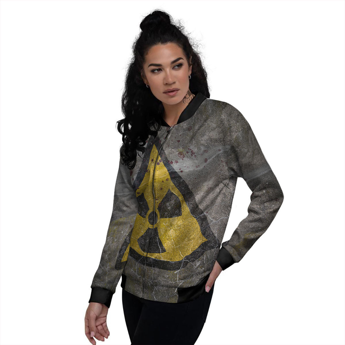 Warning Nuclear Symbol Print Women's Bomber Jacket-grizzshop