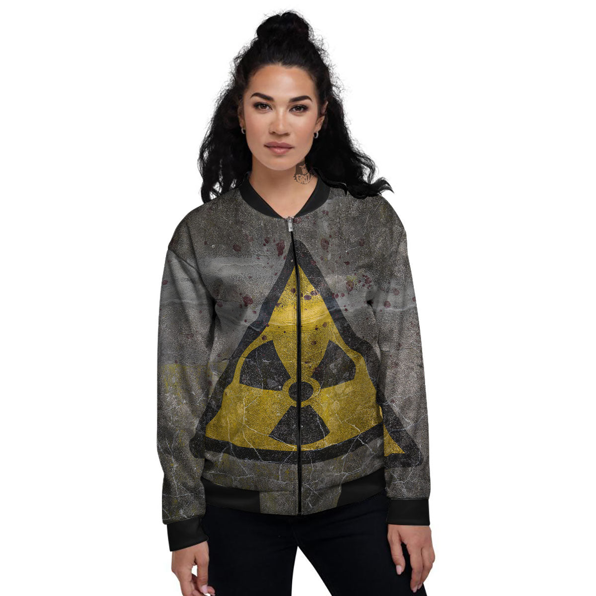 Warning Nuclear Symbol Print Women's Bomber Jacket-grizzshop