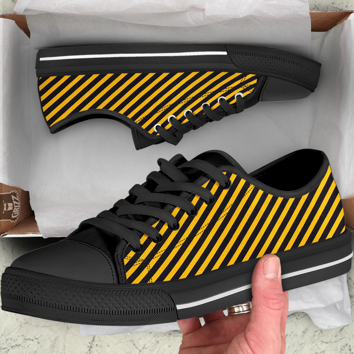 Warning Striped Yellow And Black Print Black Low Top Shoes-grizzshop