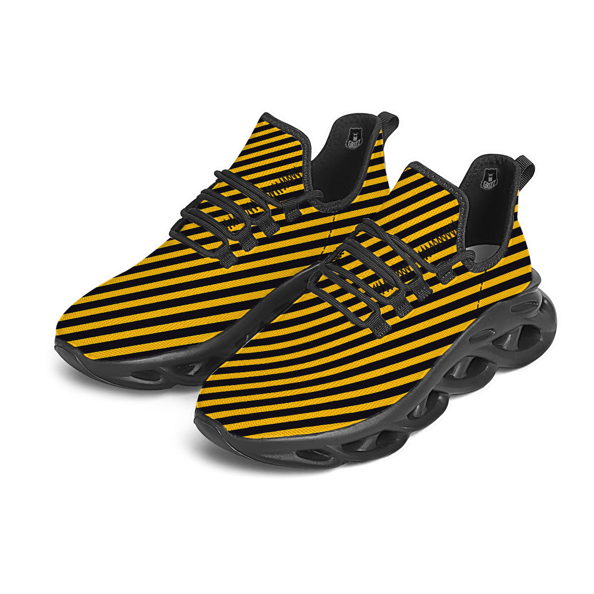Warning Striped Yellow And Black Print Black Running Shoes-grizzshop