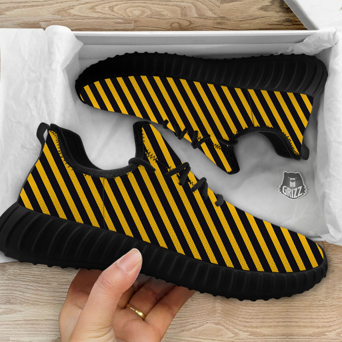 Warning Striped Yellow And Black Print Black Walking Shoes-grizzshop