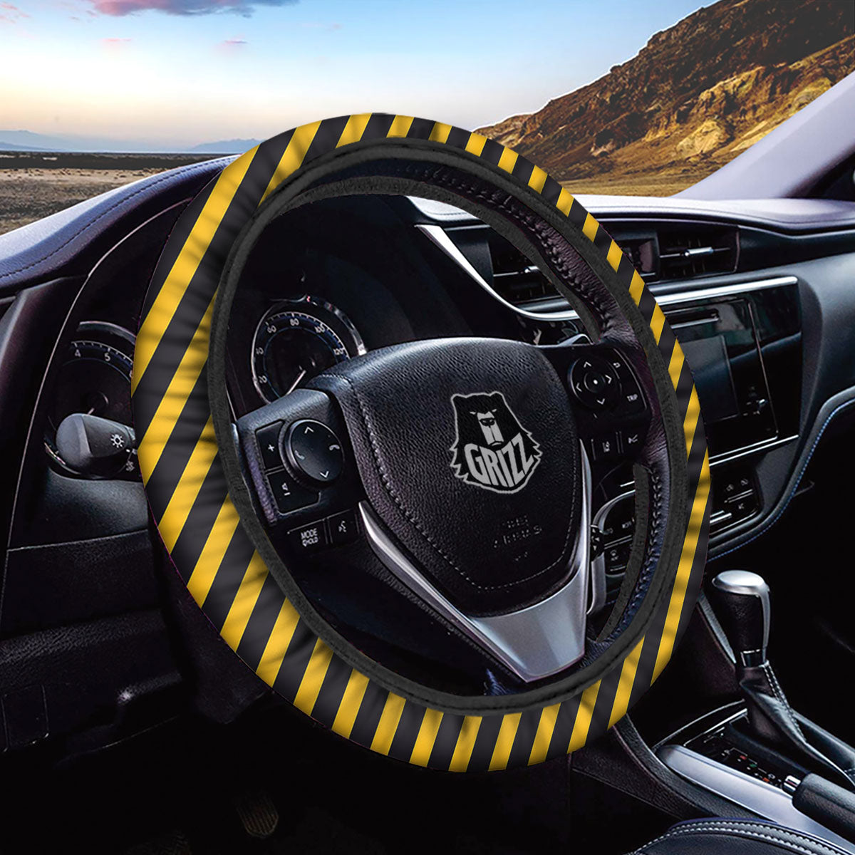 Warning Striped Yellow And Black Print Car Steering Wheel Cover-grizzshop