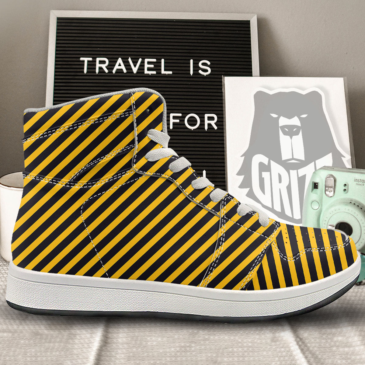 Warning Striped Yellow And Black Print High Top Sneakers-grizzshop