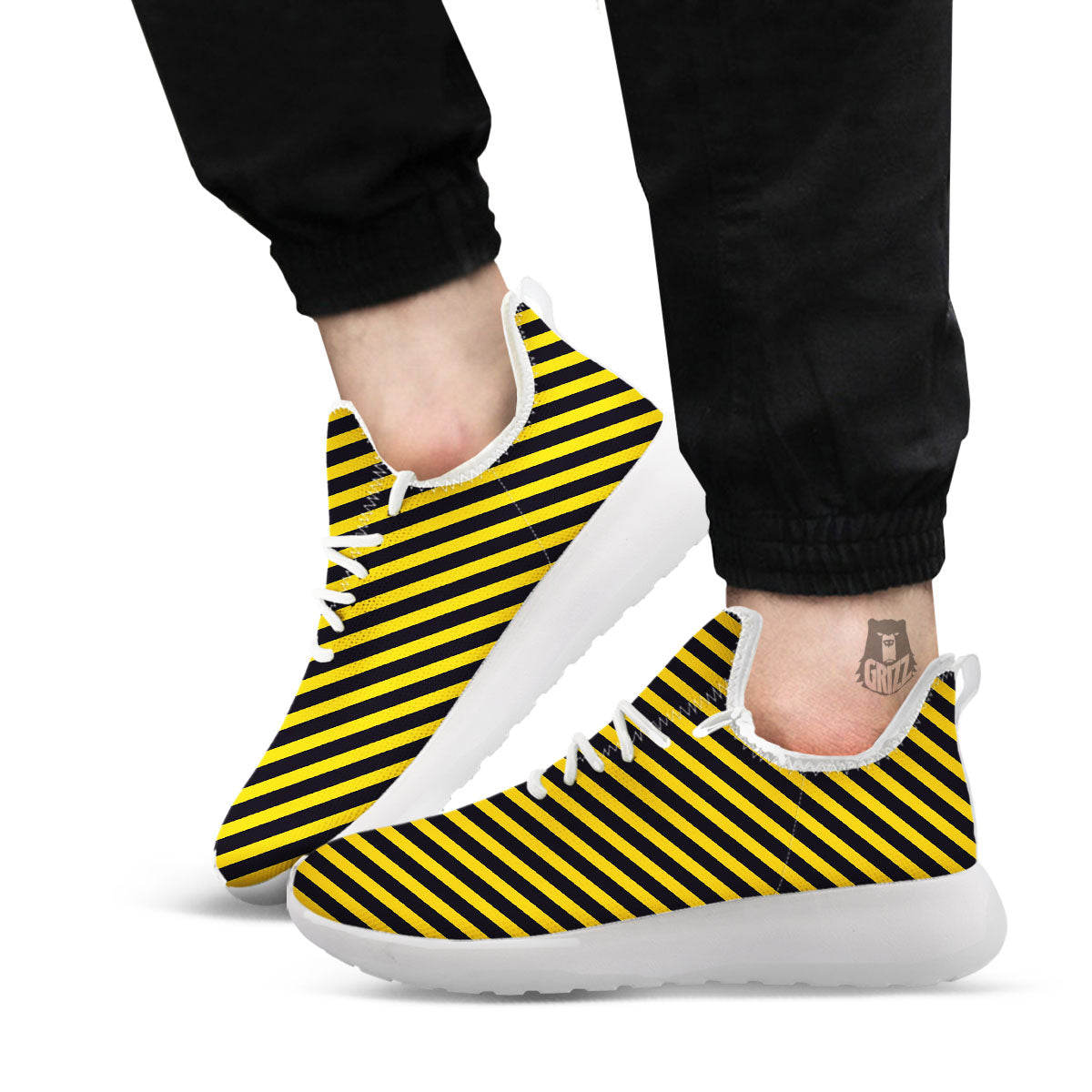 Warning Striped Yellow And Black Print White Athletic Shoes-grizzshop