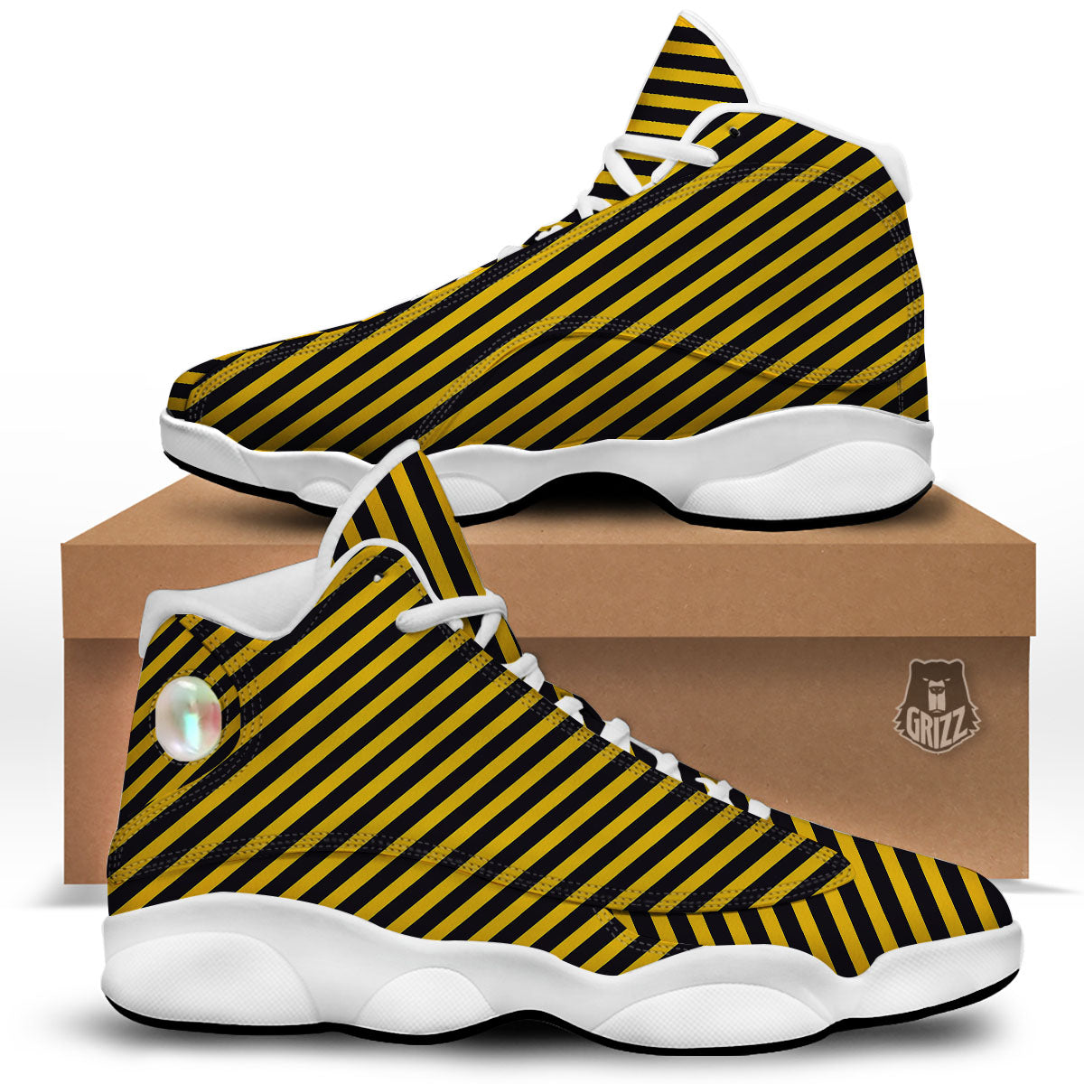 Warning Striped Yellow And Black Print White Basketball Shoes-grizzshop