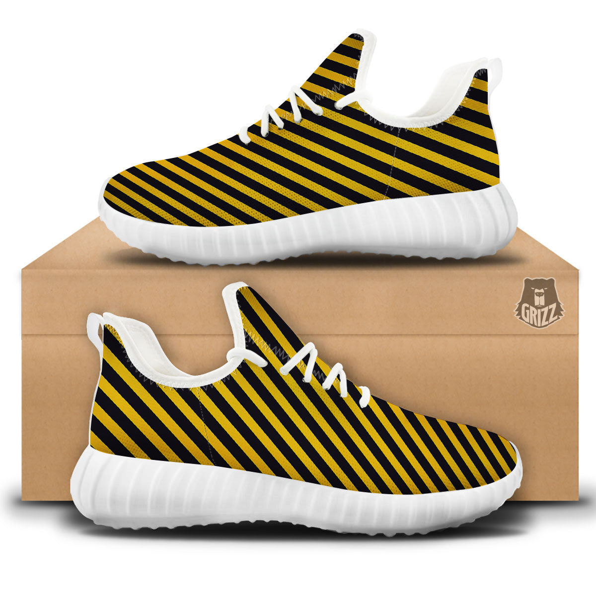 Warning Striped Yellow And Black Print White Walking Shoes-grizzshop