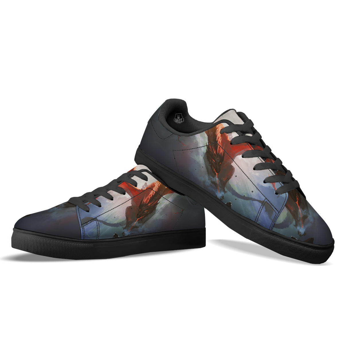 Warrior And Red Dragon Print Black Low Top Sneakers-grizzshop