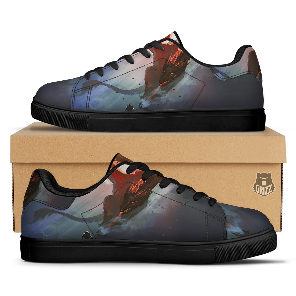 Warrior And Red Dragon Print Black Low Top Sneakers-grizzshop