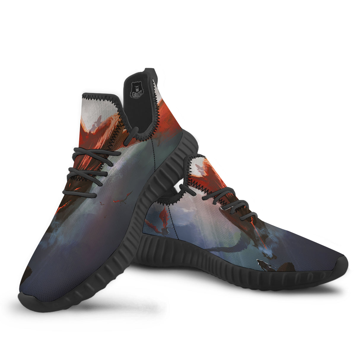 Warrior And Red Dragon Print Black Walking Shoes-grizzshop