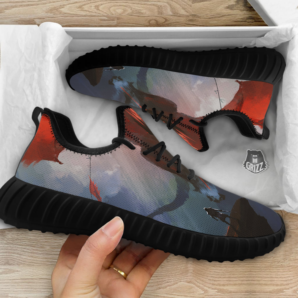 Warrior And Red Dragon Print Black Walking Shoes-grizzshop