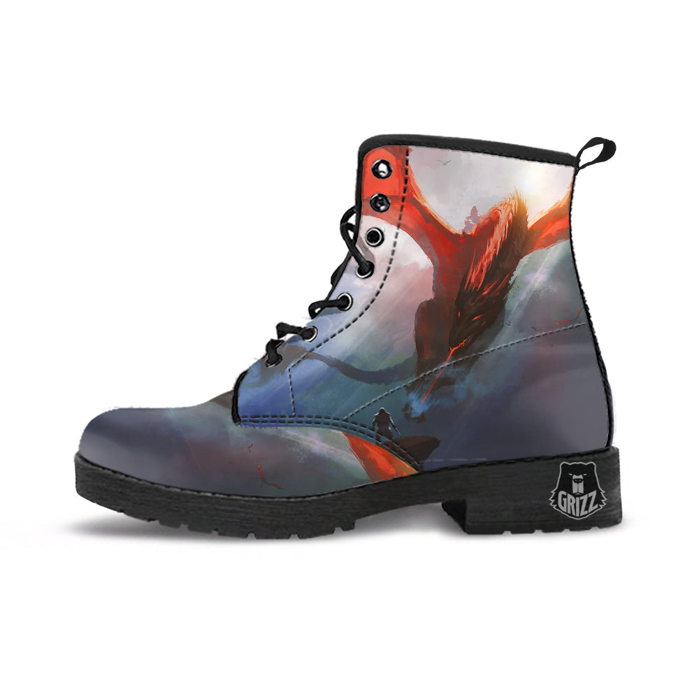 Warrior And Red Dragon Print Leather Boots-grizzshop