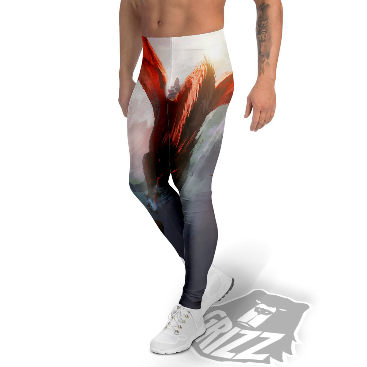 Warrior And Red Dragon Print Men's Leggings-grizzshop