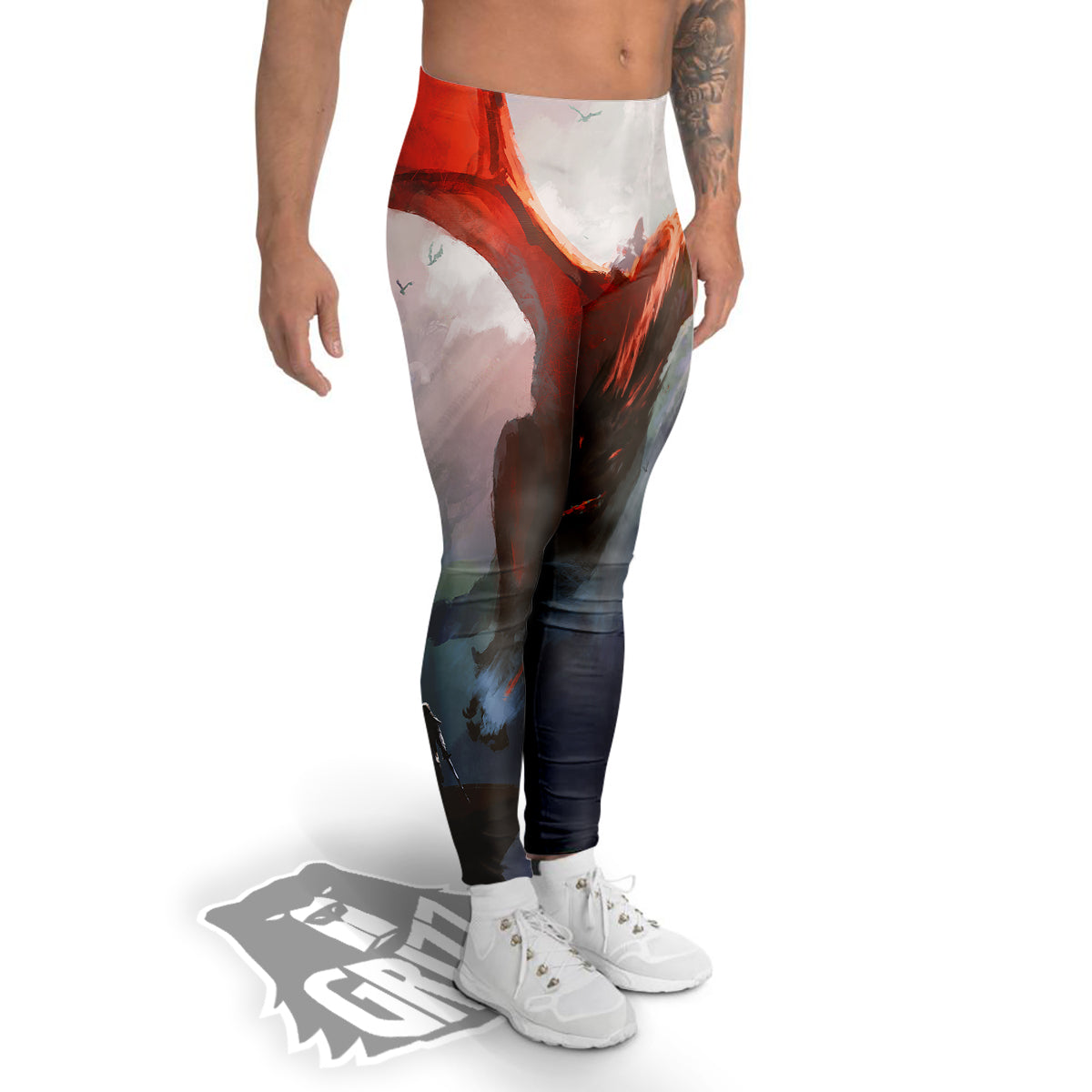 Warrior And Red Dragon Print Men's Leggings-grizzshop