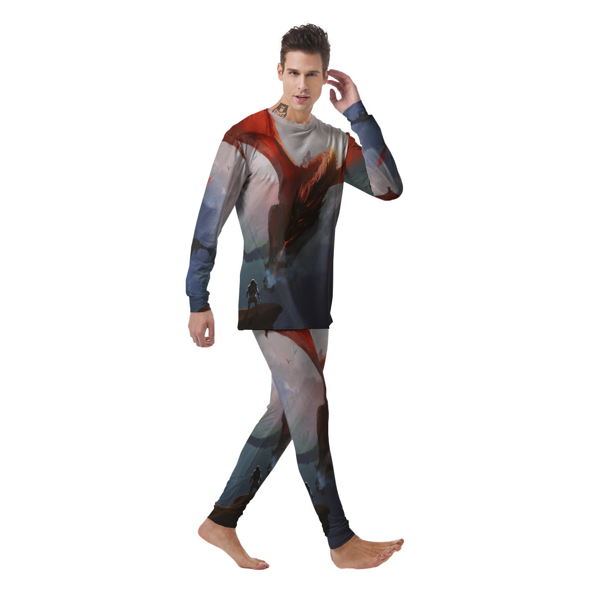 Warrior And Red Dragon Print Men's Pajamas-grizzshop