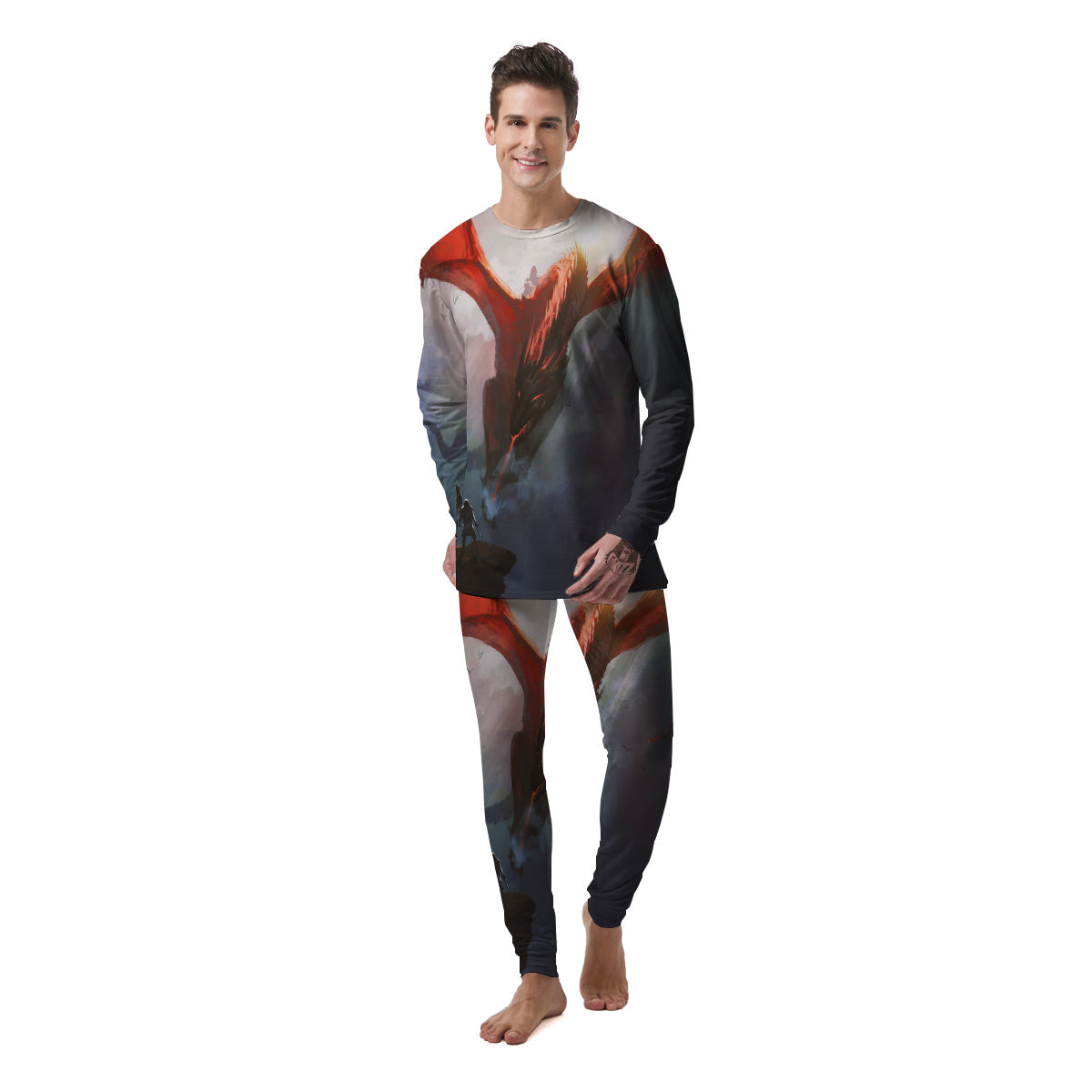 Warrior And Red Dragon Print Men's Pajamas-grizzshop