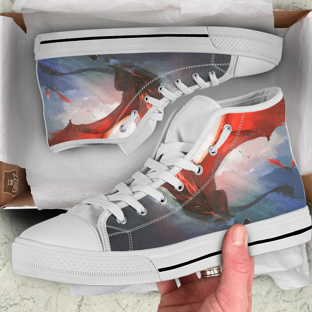 Warrior And Red Dragon Print White High Top Shoes-grizzshop