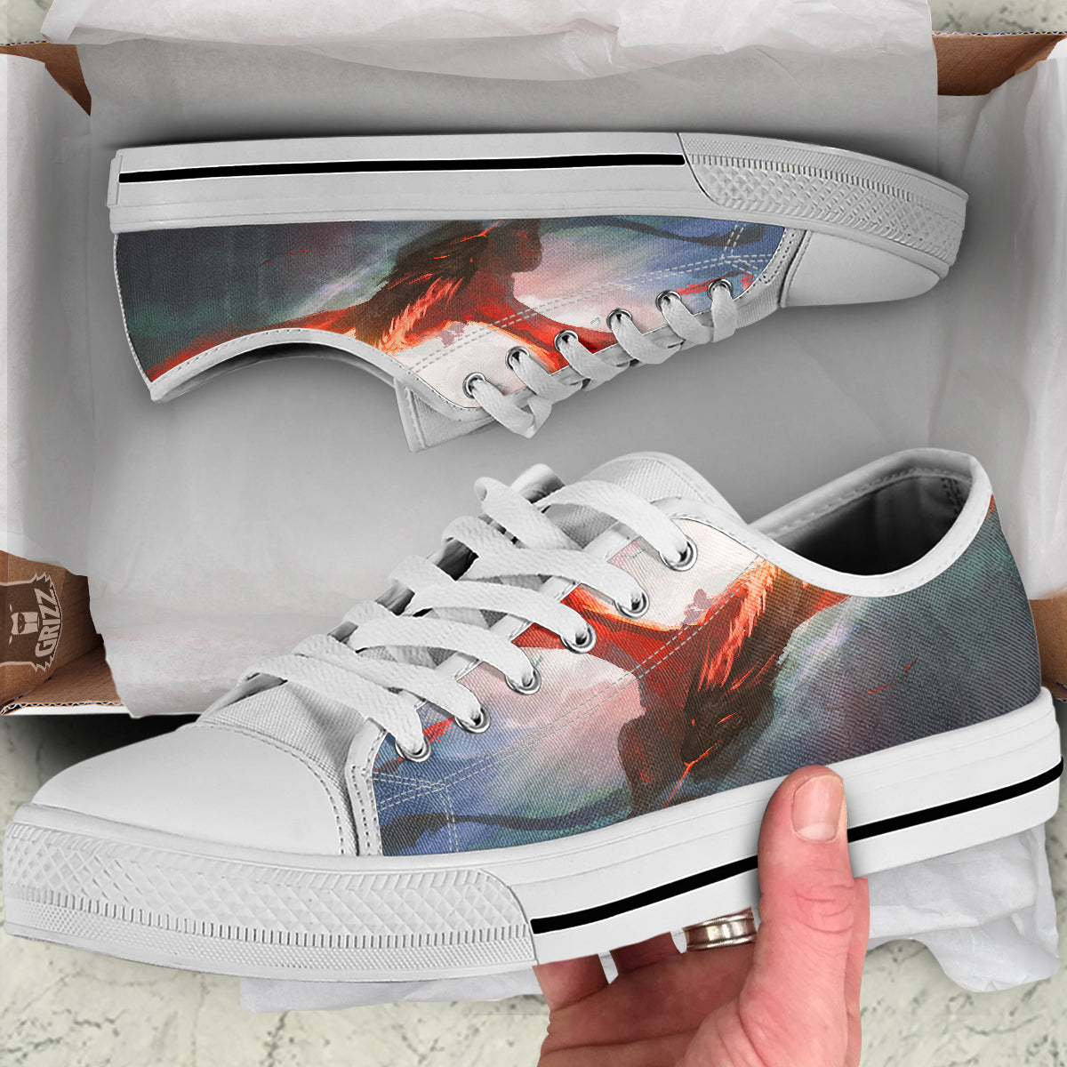 Warrior And Red Dragon Print White Low Top Shoes-grizzshop