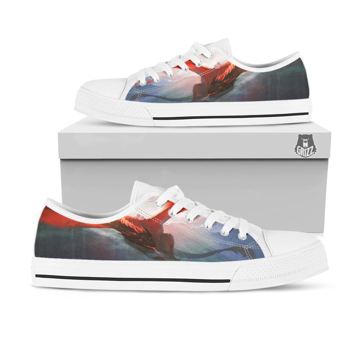 Warrior And Red Dragon Print White Low Top Shoes-grizzshop