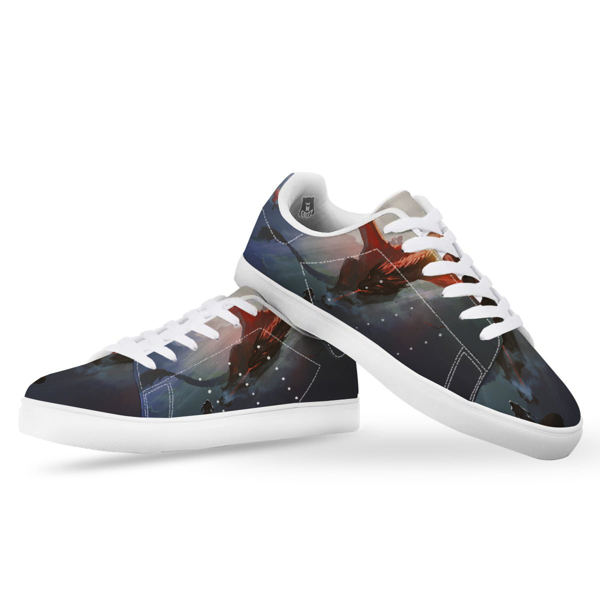 Warrior And Red Dragon Print White Low Top Sneakers-grizzshop