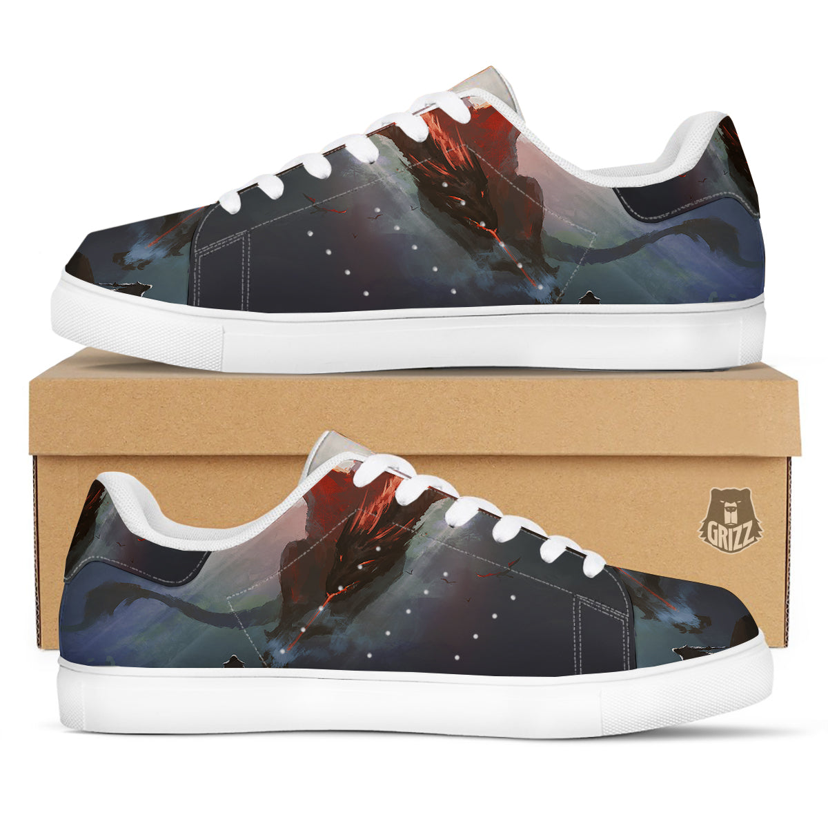Warrior And Red Dragon Print White Low Top Sneakers-grizzshop