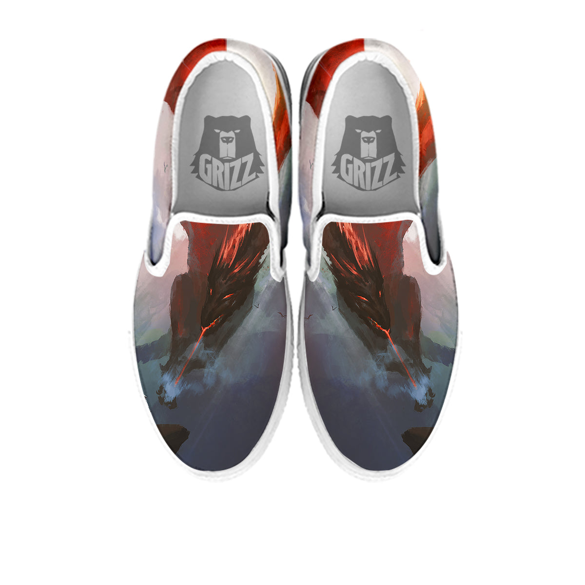 Warrior And Red Dragon Print White Slip On Shoes-grizzshop