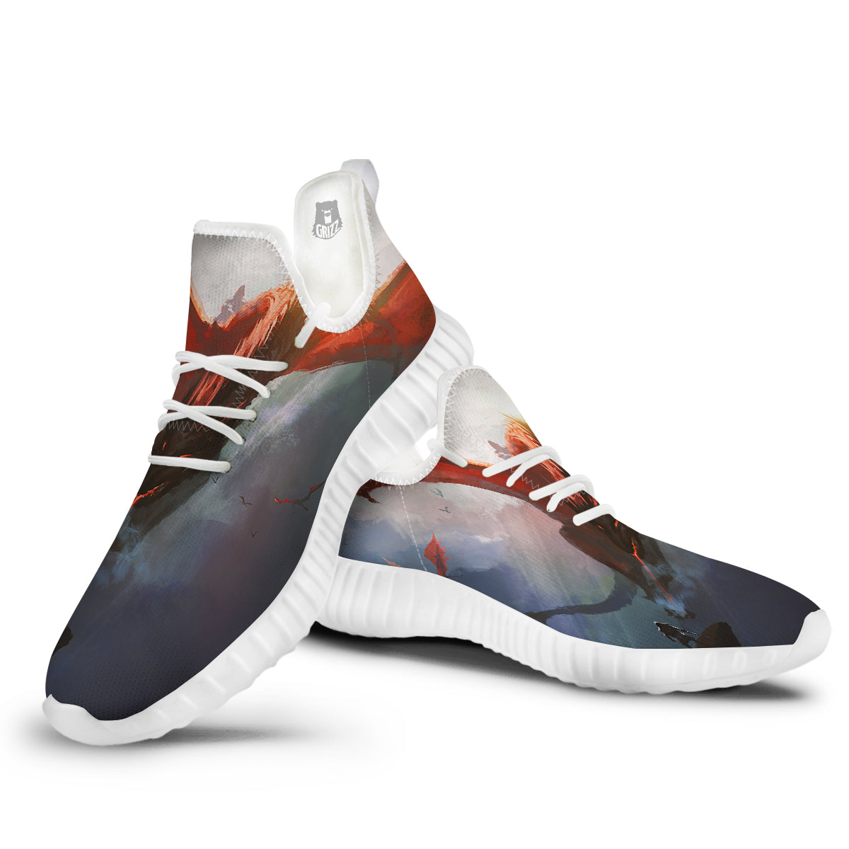 Warrior And Red Dragon Print White Walking Shoes-grizzshop