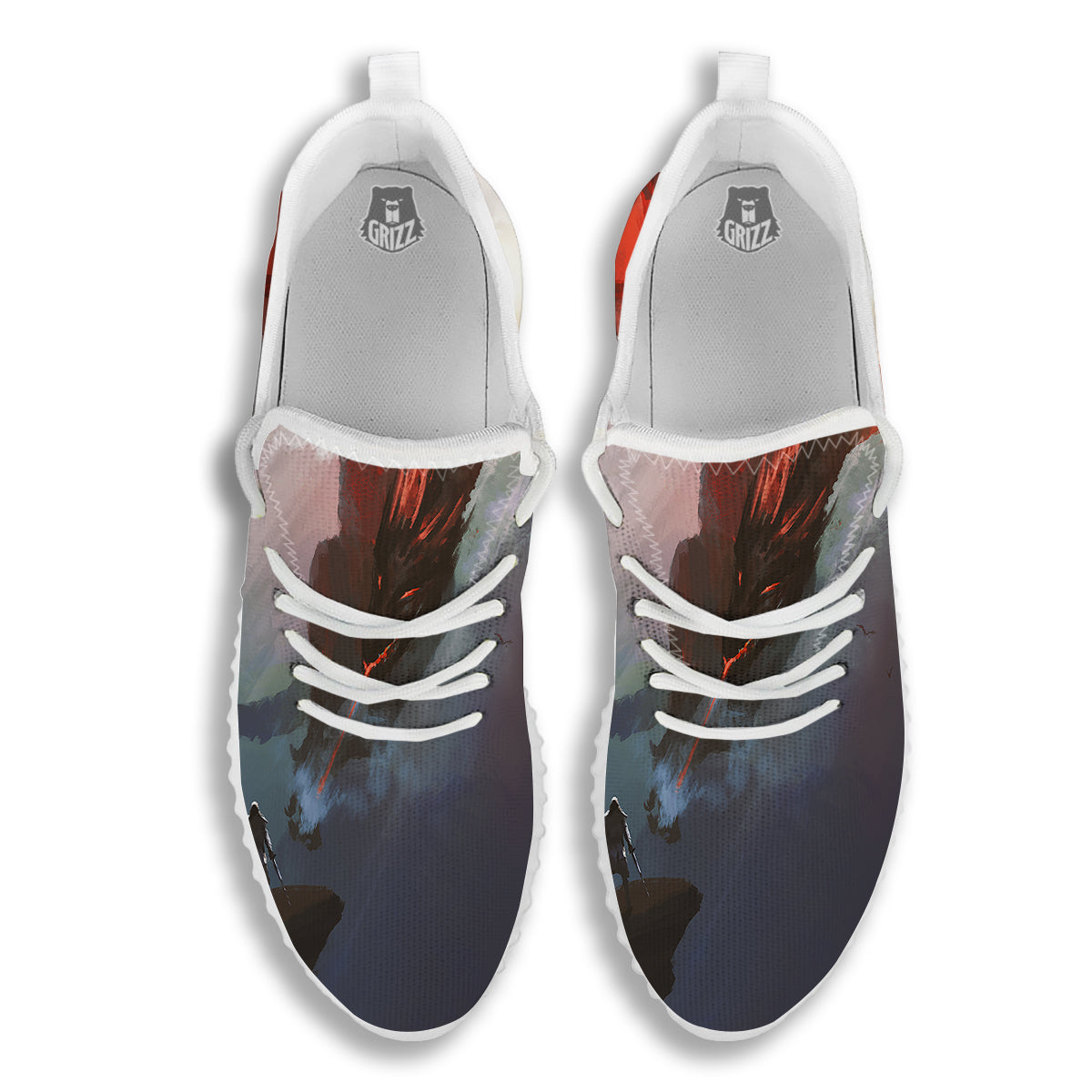 Warrior And Red Dragon Print White Walking Shoes-grizzshop