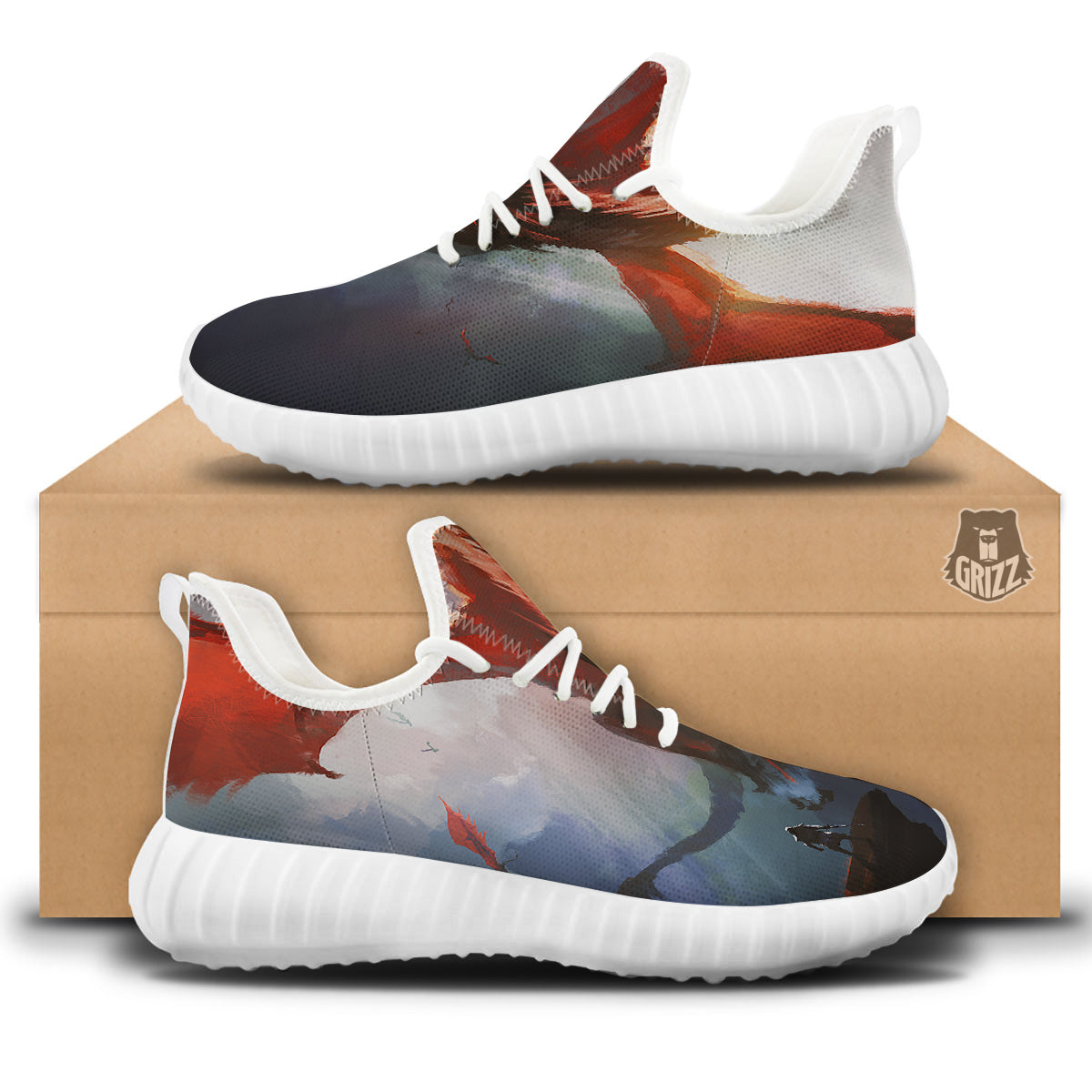 Warrior And Red Dragon Print White Walking Shoes-grizzshop