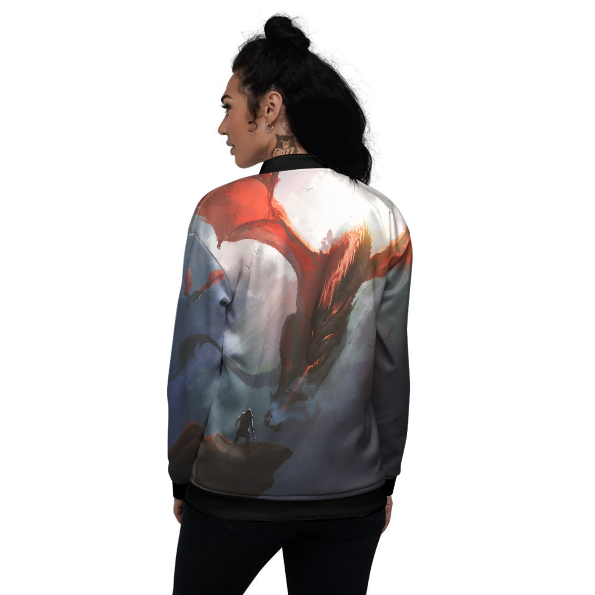 Warrior And Red Dragon Print Women's Bomber Jacket-grizzshop