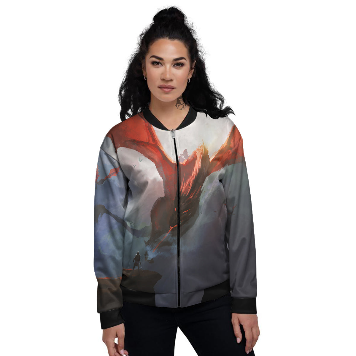 Warrior And Red Dragon Print Women's Bomber Jacket-grizzshop