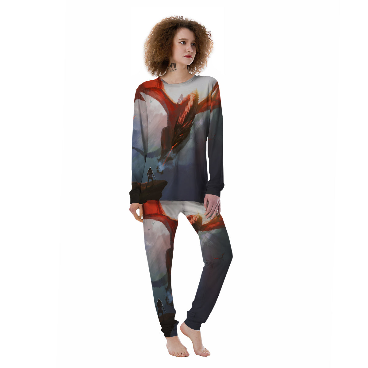 Warrior And Red Dragon Print Women's Pajamas-grizzshop