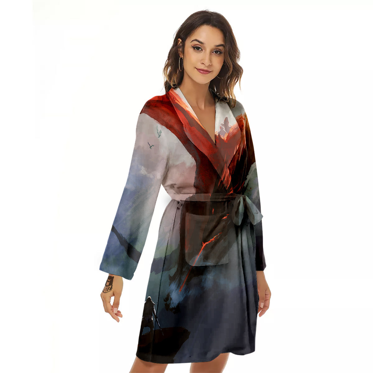 Warrior And Red Dragon Print Women's Robe-grizzshop