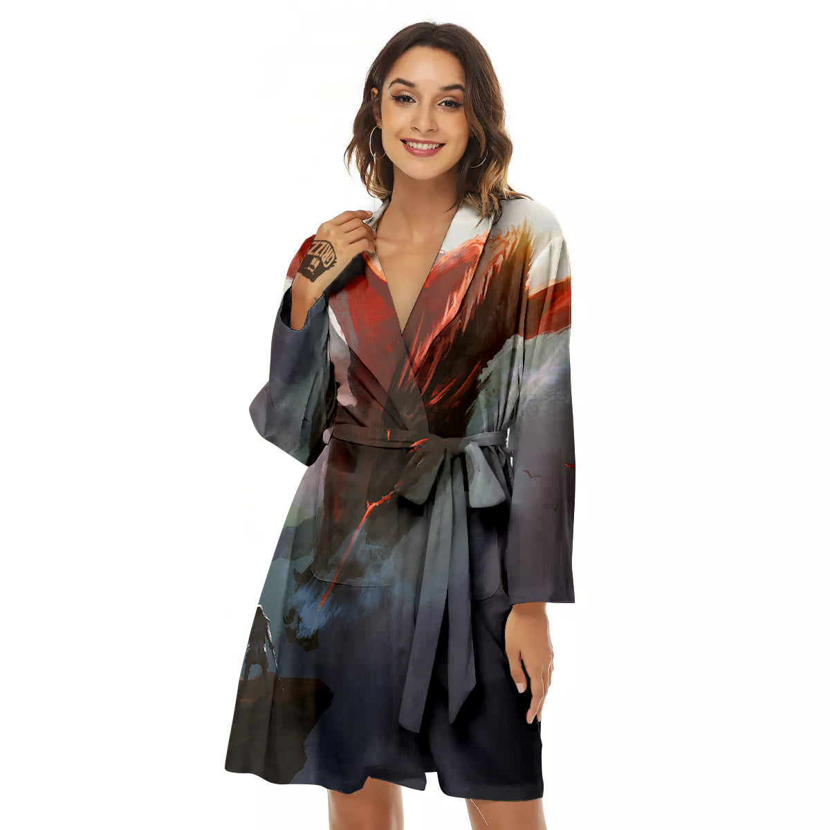 Warrior And Red Dragon Print Women's Robe-grizzshop