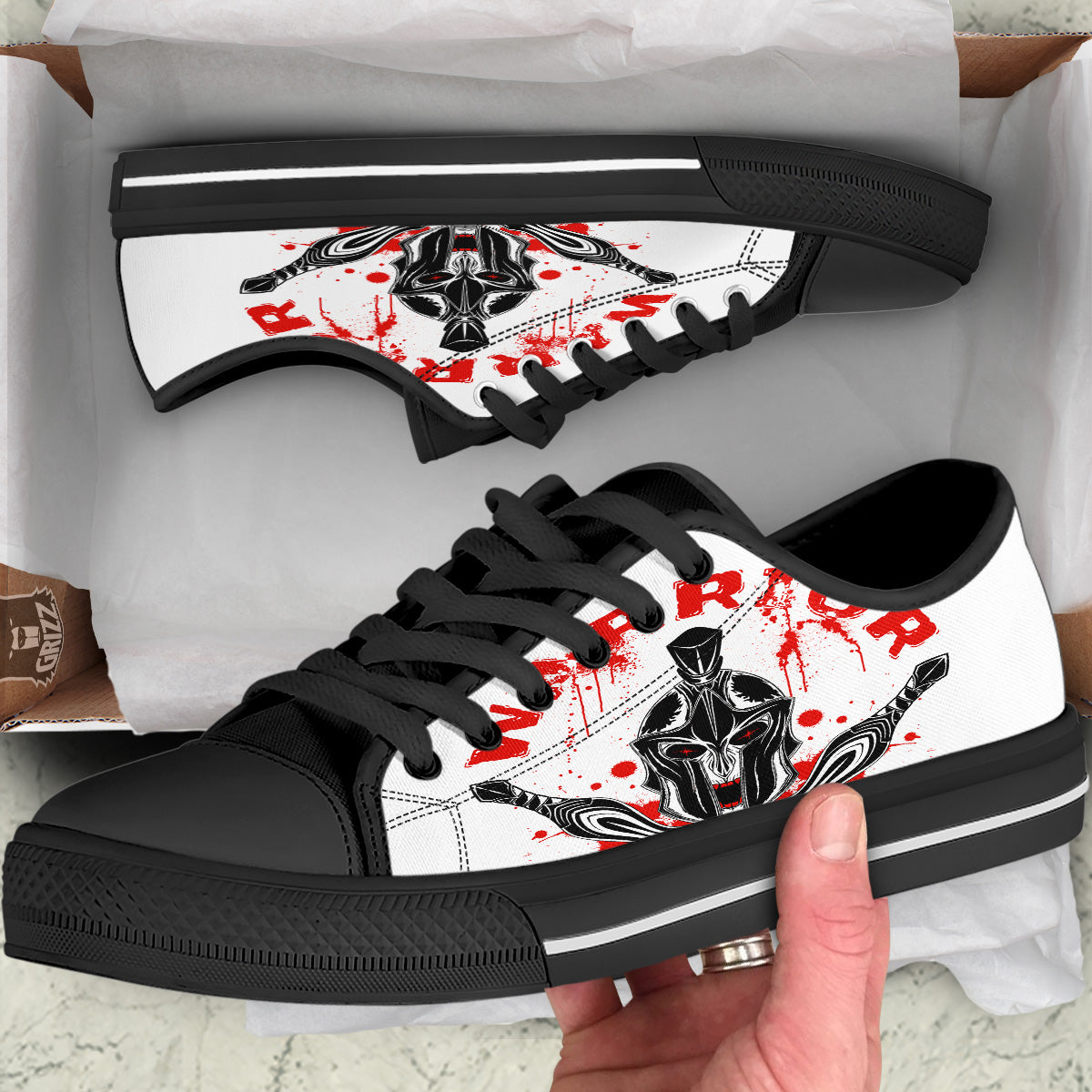 Warrior Bloody Spartan Print Black Low Top Shoes-grizzshop