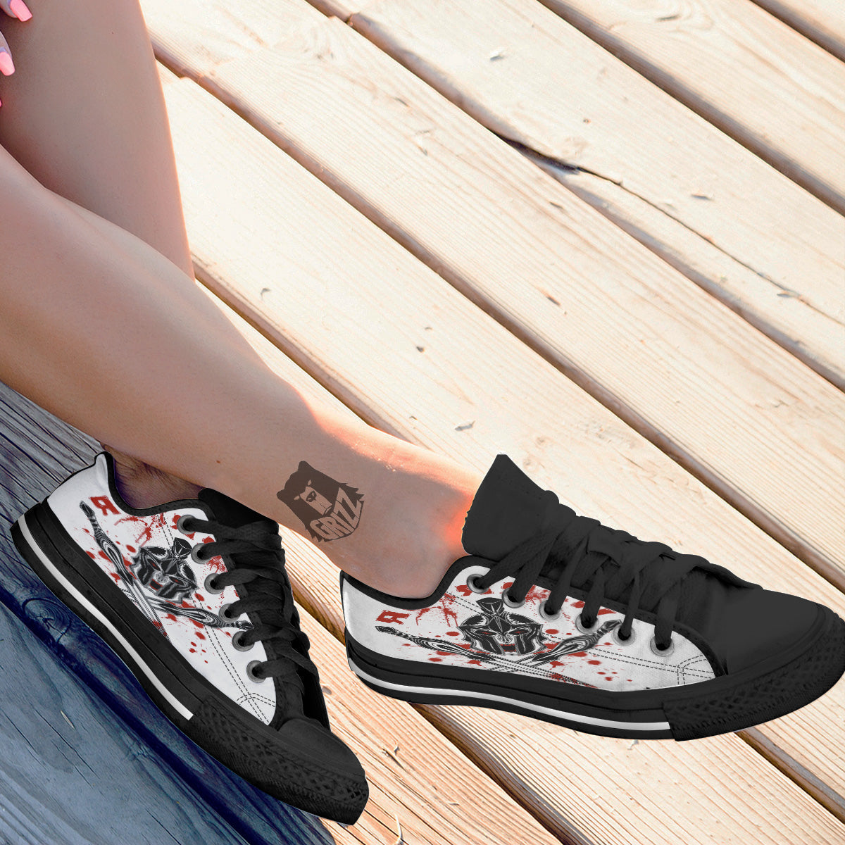 Warrior Bloody Spartan Print Black Low Top Shoes-grizzshop