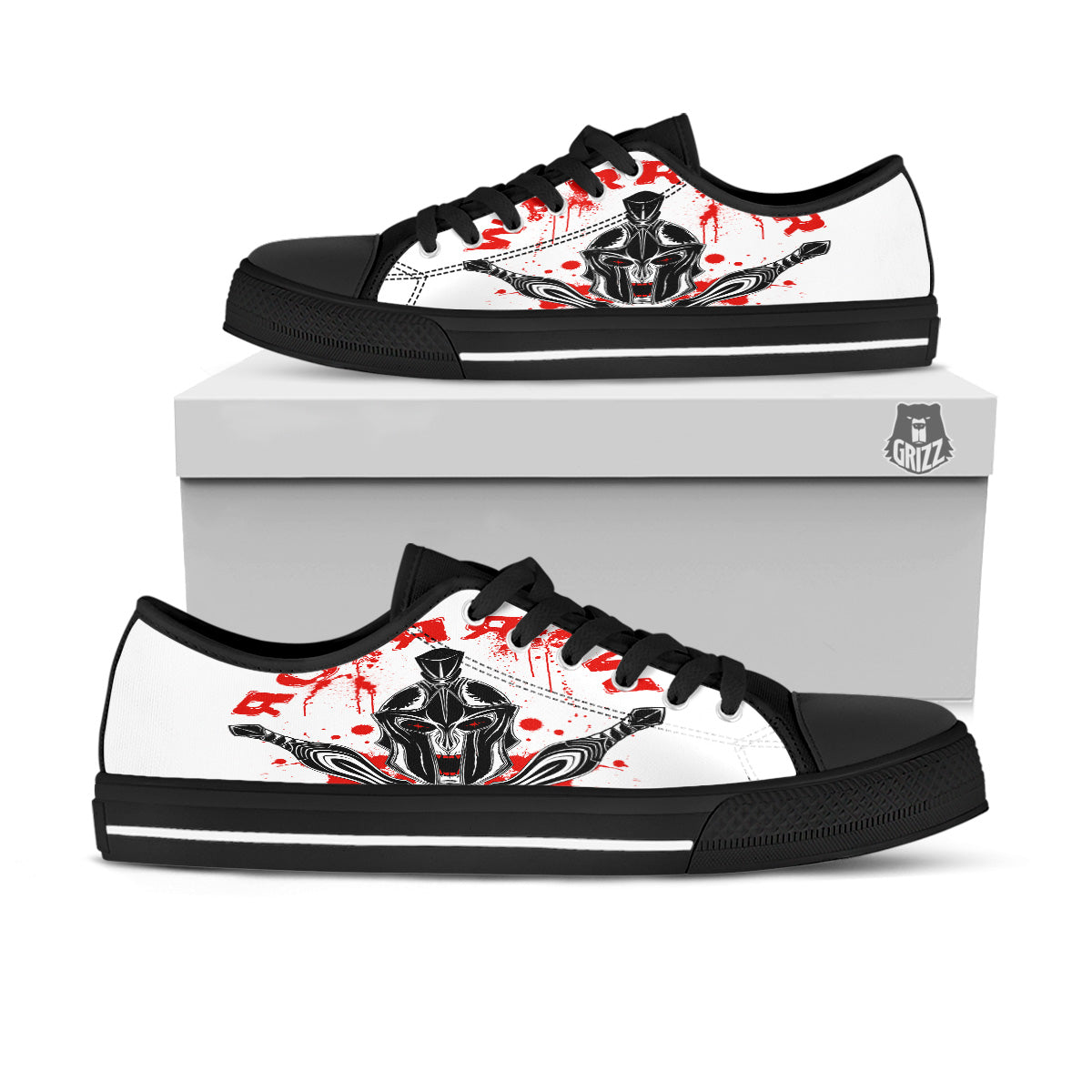 Warrior Bloody Spartan Print Black Low Top Shoes-grizzshop