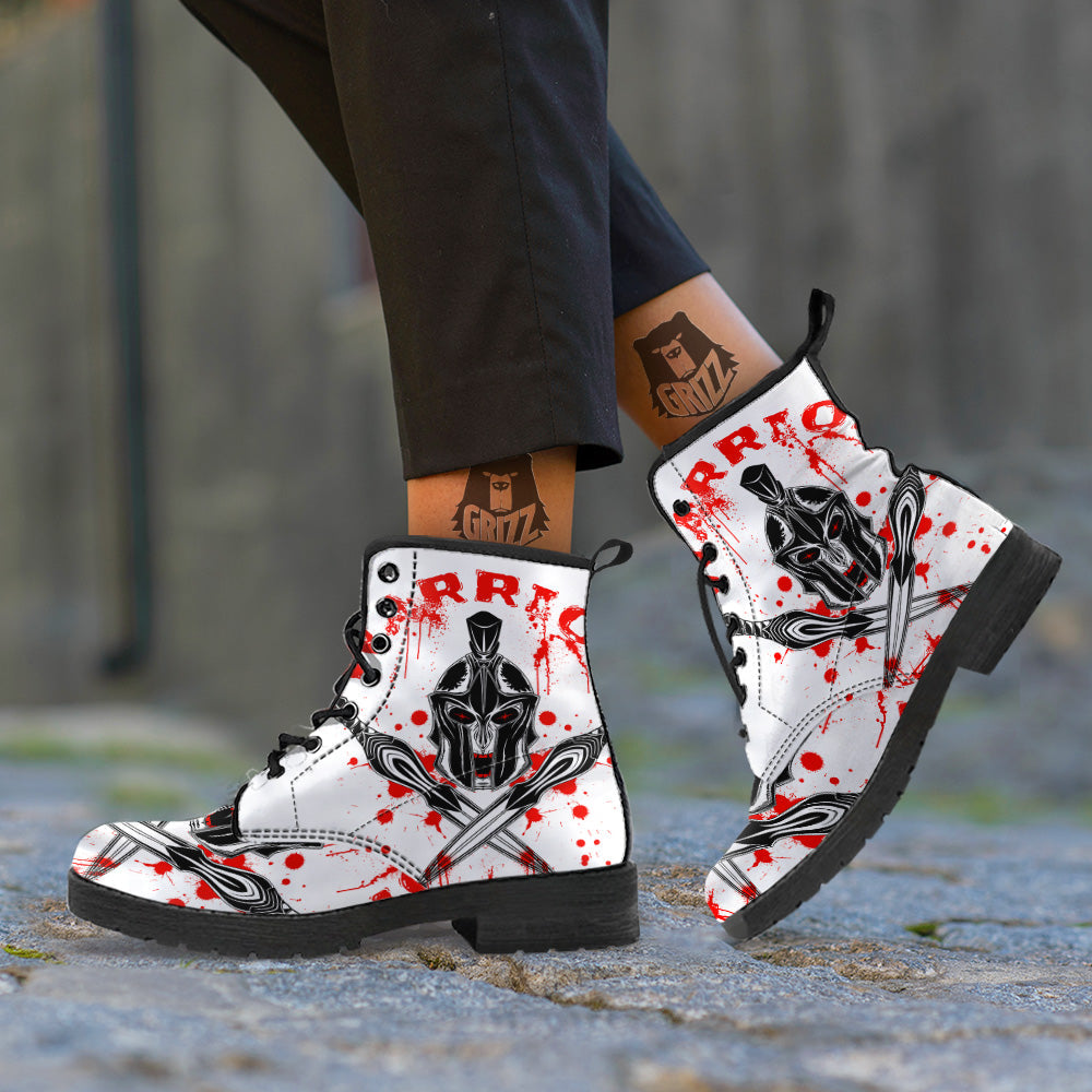 Warrior Bloody Spartan Print Leather Boots-grizzshop