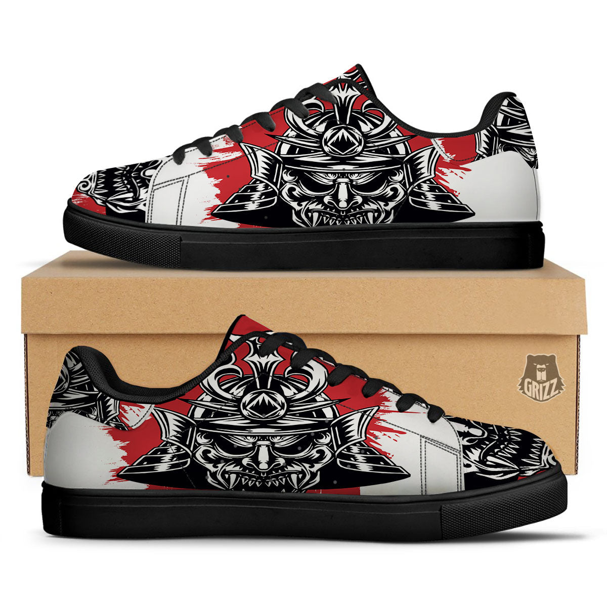 Warrior Japanese Samurai Print Black Low Top Sneakers-grizzshop
