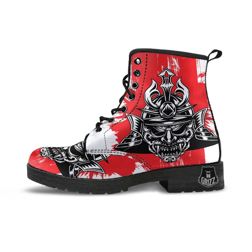 Warrior Japanese Samurai Print Leather Boots-grizzshop