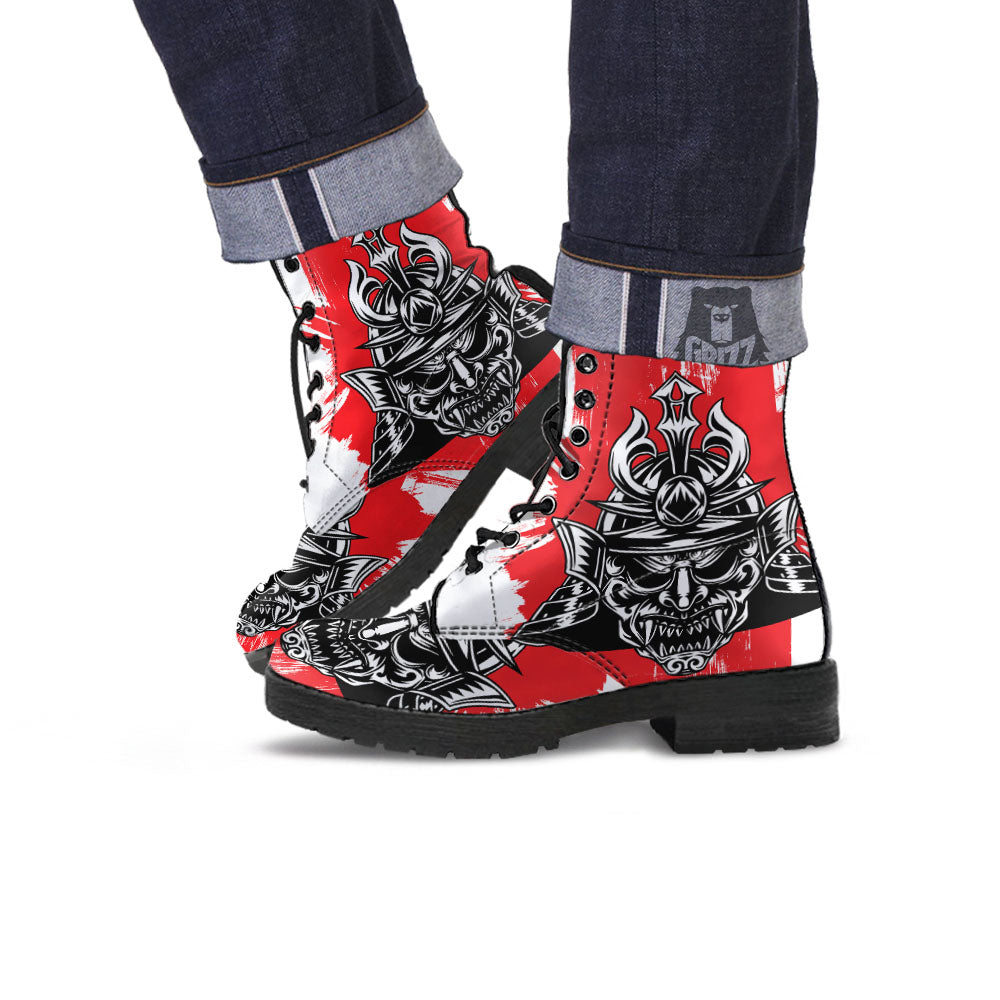 Warrior Japanese Samurai Print Leather Boots-grizzshop