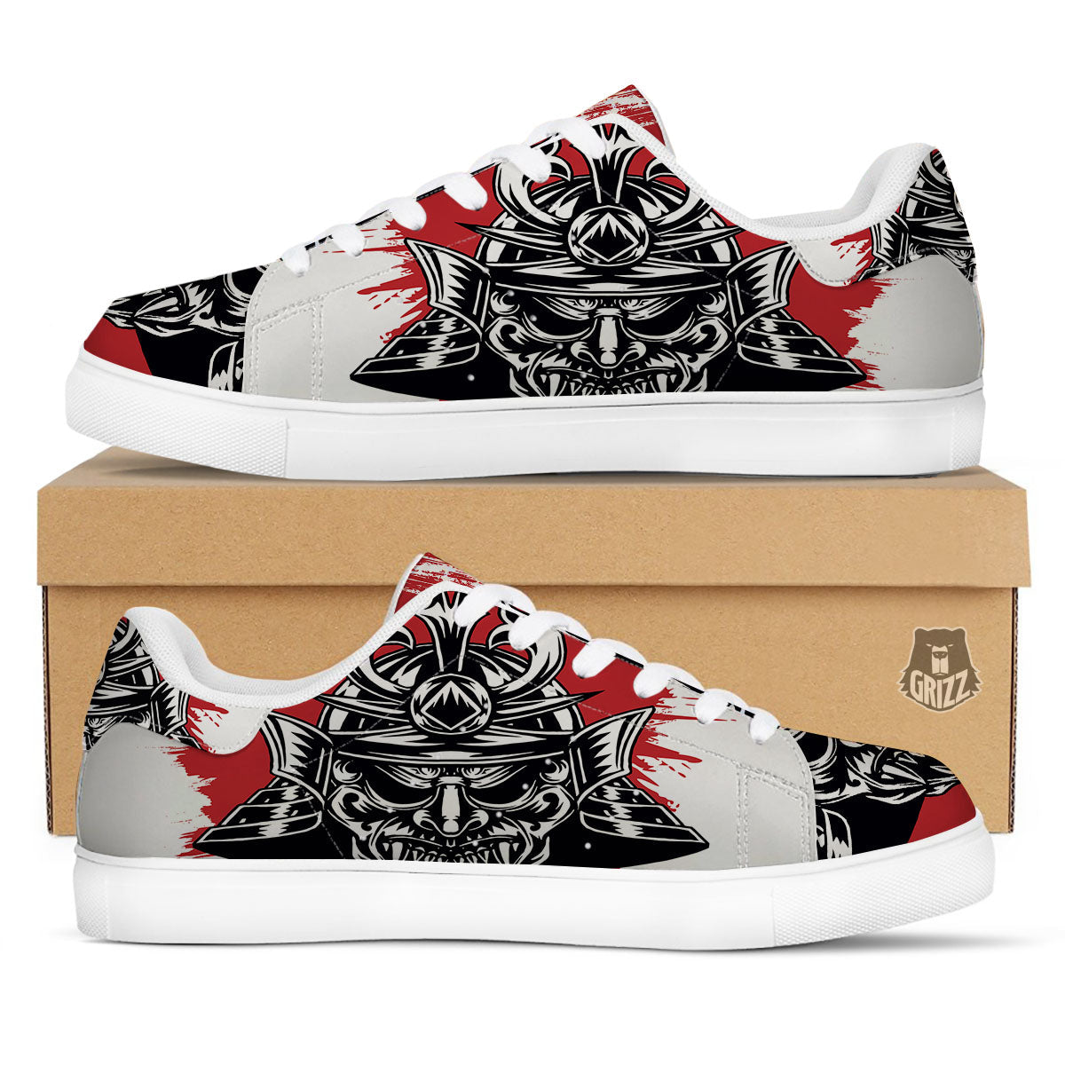 Warrior Japanese Samurai Print White Low Top Sneakers-grizzshop