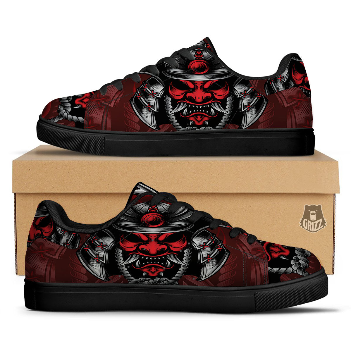 Warrior Mask Japanese Print Black Low Top Sneakers-grizzshop