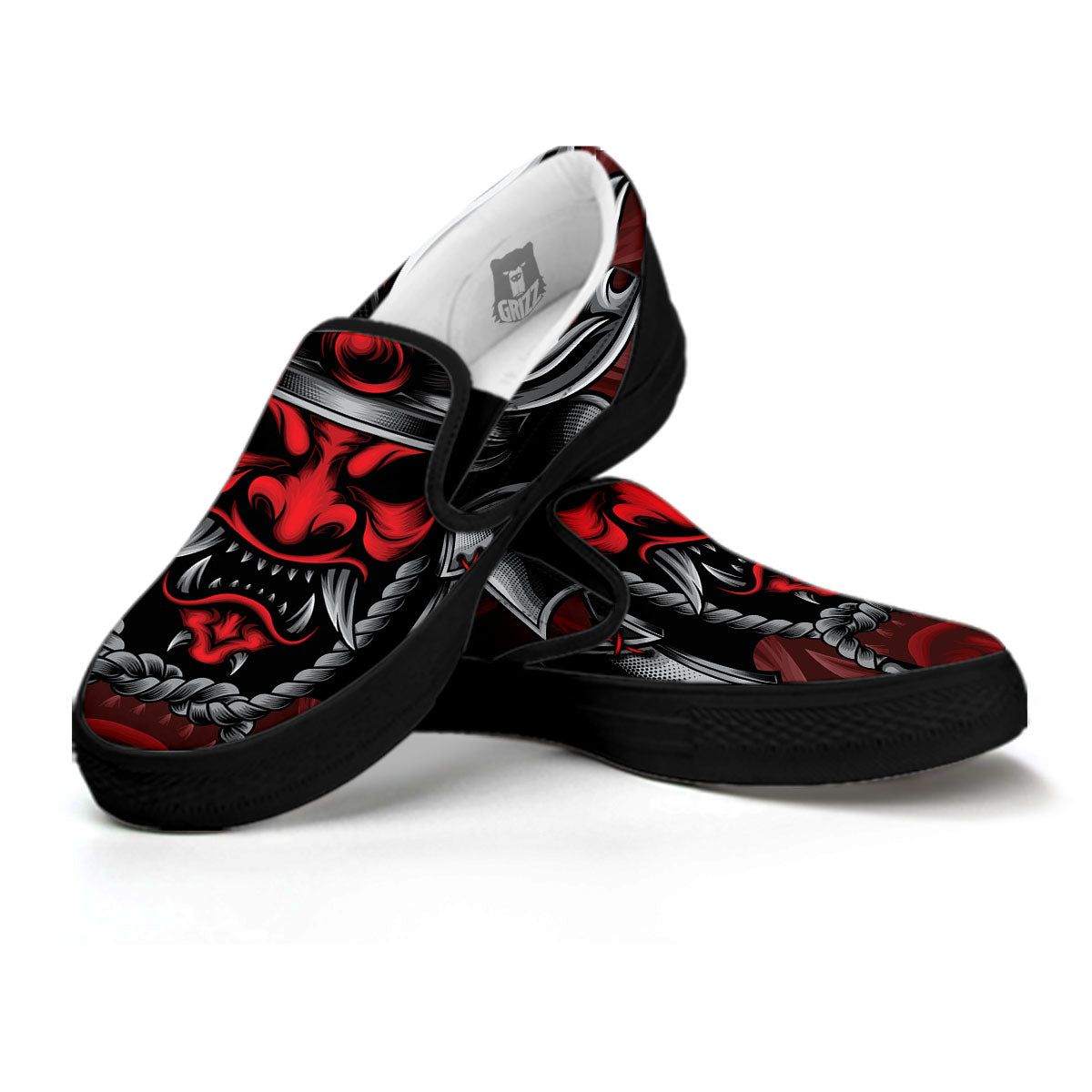 Warrior Mask Japanese Print Black Slip On Shoes-grizzshop