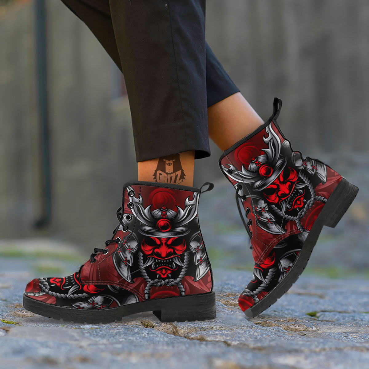 Warrior Mask Japanese Print Leather Boots-grizzshop