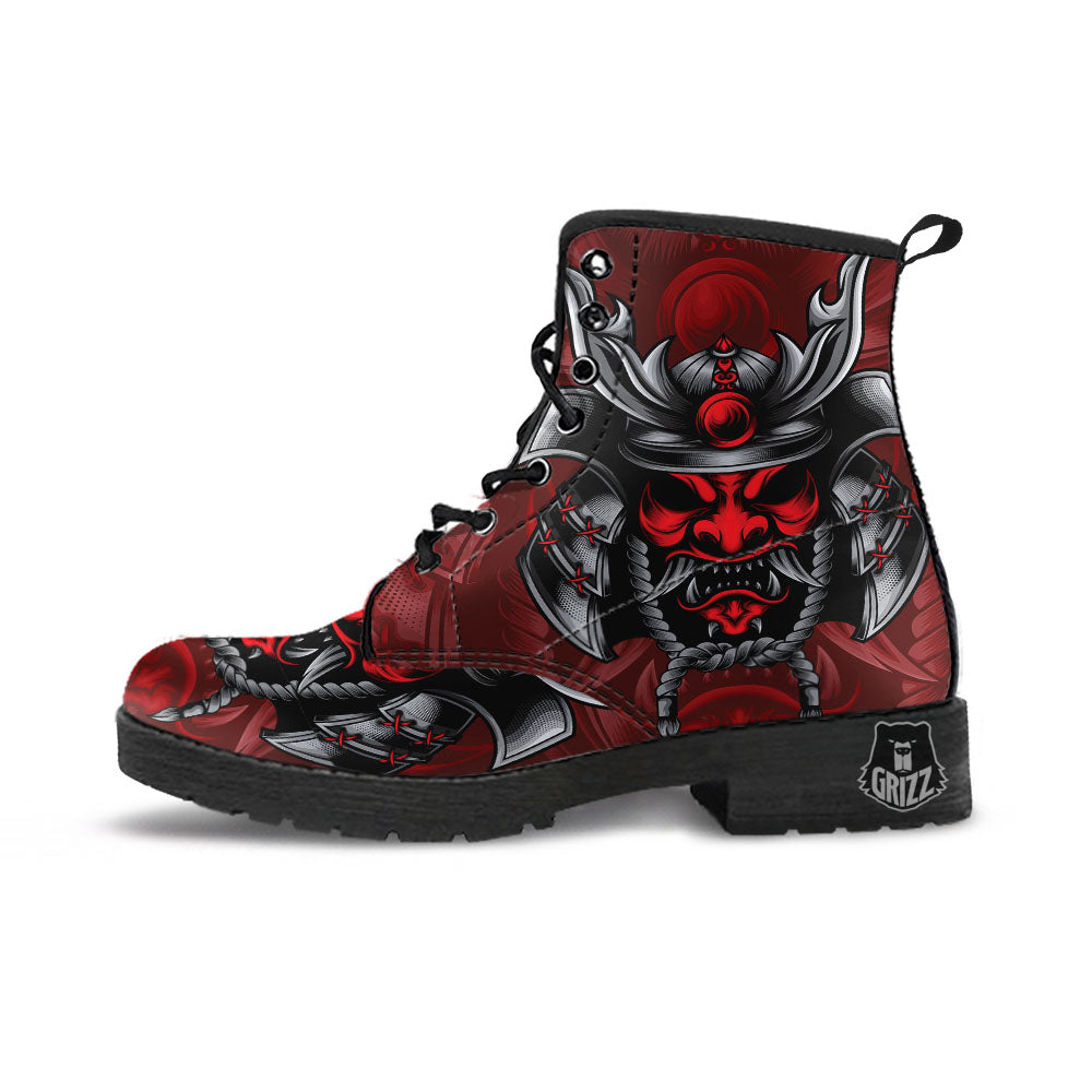 Warrior Mask Japanese Print Leather Boots-grizzshop