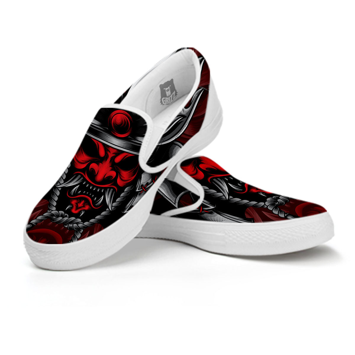 Warrior Mask Japanese Print White Slip On Shoes-grizzshop